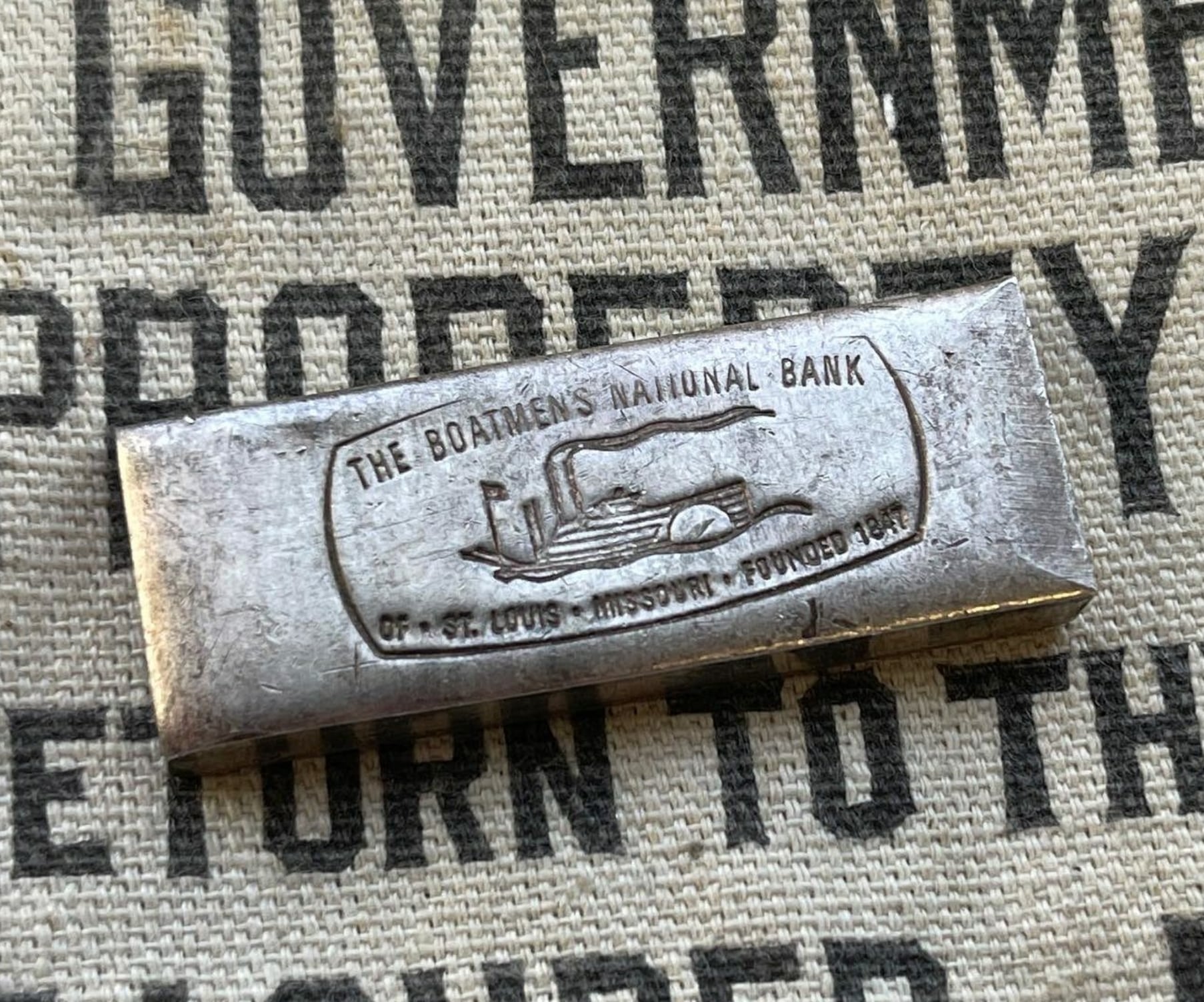 Boatman's Bank 2 oz vintage silver bar front